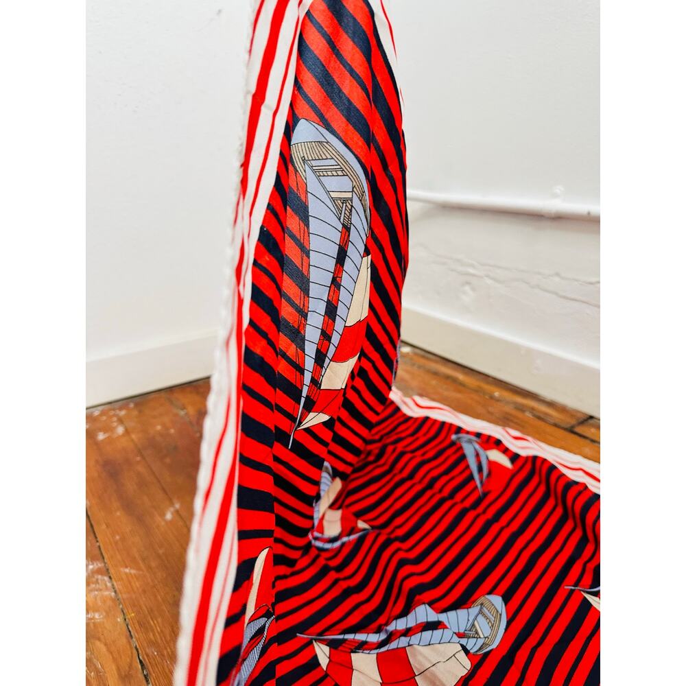 Vintage 70/80s Red White Black Horizontal Striped Sailboats Design Scarf - Picture 3 of 5